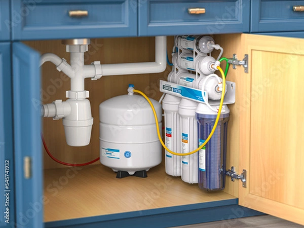 Obraz Reverse osmosis water purification system under sink in a kitchaen.  Water cleaning system installation.