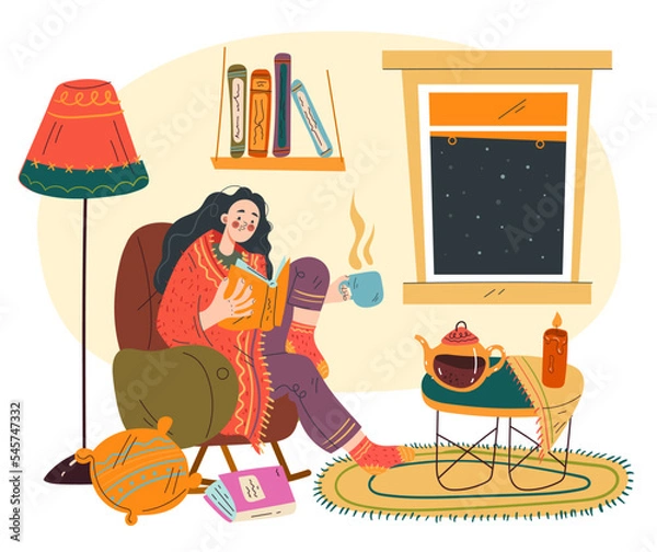 Fototapeta People read book in cozy home interior abstract concept. Vector graphic design illustration element