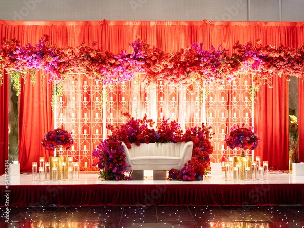 Obraz Front view of amazing Hindu wedding arch decorated by red flowers with white sofa for groom and bride, prepared for a traditional ceremony
