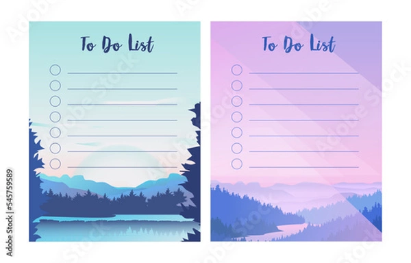 Fototapeta To do list template with a mountain landscape, small river, forest. Blue lines for notes. Flat style editable vector illustration.