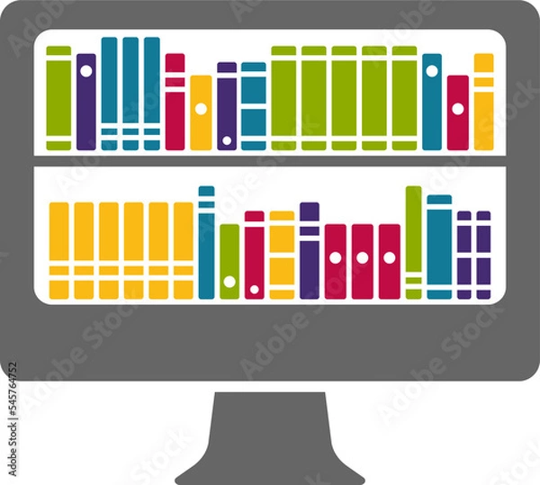 Fototapeta Online e-book library design symbol. laptop monitor with books on shelves