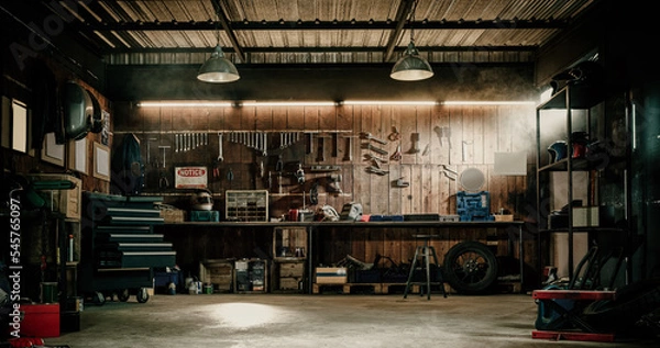 Fototapeta Workshop scene. Old tools hanging on wall in workshop, Tool shelf against a table and wall, vintage garage style