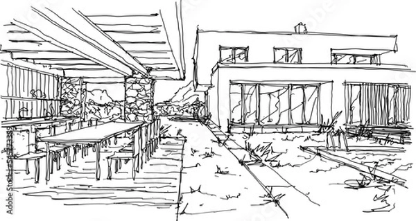Fototapeta hand drawn architectural sketch of modern two story detached house with flat roof and swimming pool and garden house with table and chairs