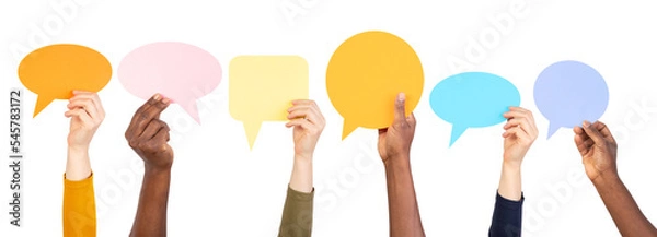 Fototapeta Hands holding empty speech bubbles on transparent background
