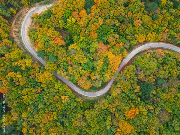 Fototapeta Aerial view of countryside road passing through the green forest and mountain