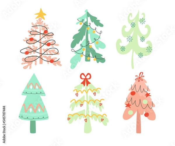 Fototapeta Hand drawn Christmas trees decorated with ribbons, garlands and balls. Vector elements for design cards and banners.