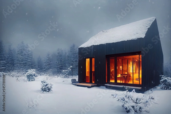 Obraz House in snow with romantic lighting. Winter landscape. 3d rendering