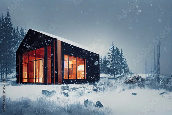 Obraz House in snow with romantic lighting. Winter landscape. 3d rendering