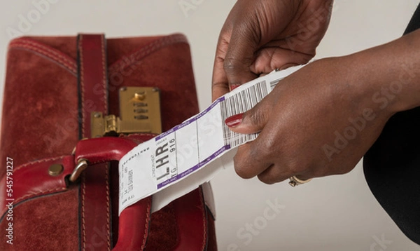 Obraz Bangkok, Thailand. 2022. Airline representative attaching a destination label for luggage to a travellers suitcase.