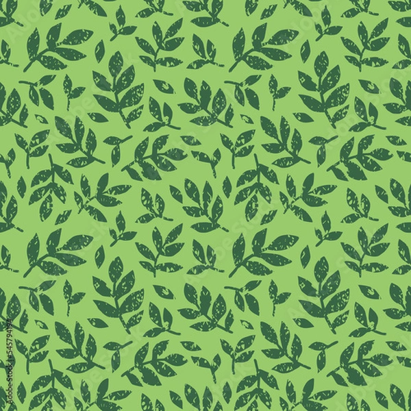 Fototapeta Linocut vector dark leaves on greenbackground. Seamless vector green leaves linocut grunge pattern. Linocut vector seamless print. Great for label, print, packaging, fabric.