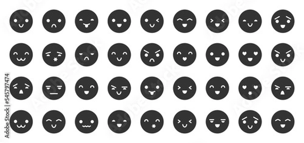 Obraz Emoji faces black glyph icon set. Flat funny emoticon circle avatar with different emotions. Joyful happy laugh, angry sad cry, love kiss smile, cheerful emoticons. Comic emotional face expressions
