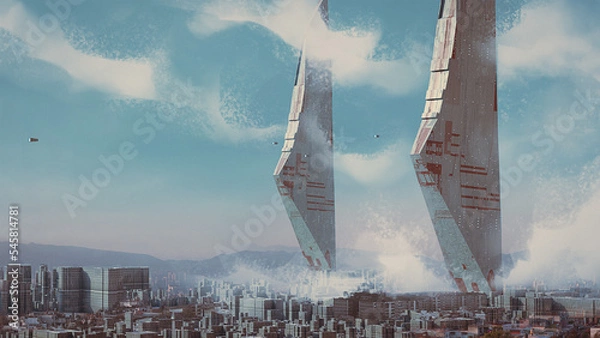 Fototapeta Digital 3d illustration of a pair of massive towers looming over a future city - sci-fi fantasy painting