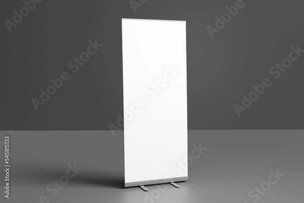Fototapeta Blank white roll-up banner display mockup on dark background, isolated, 3d rendering.