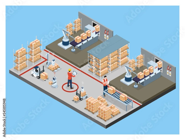 Fototapeta 3D isometric automated warehouse robots and Smart warehouse technology Concept with Warehouse Automation System and Robot Transportation operation service. Vector illustration EPS 10