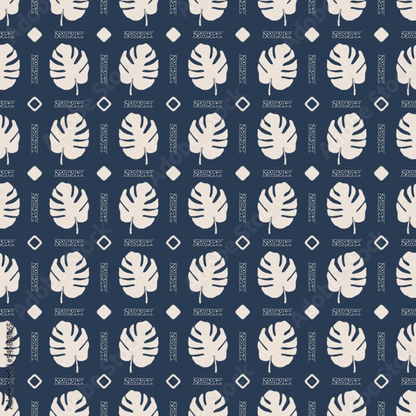 Fototapeta Seamless pattern with light monstera and abstract elements. Dark background. Boho style. 