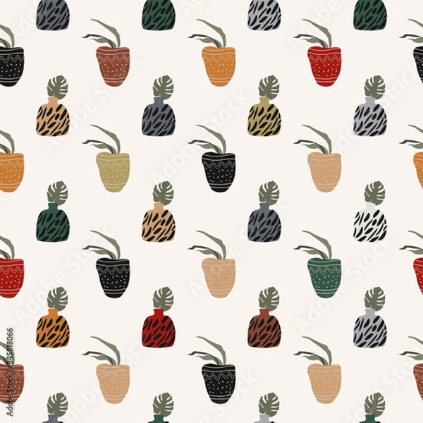 Fototapeta Seamless pattern with colorful pots and plants. Boho style.