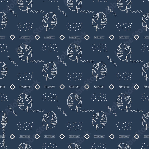 Fototapeta Seamless pattern with monstera and abstract elements. Dark background. Boho style. 