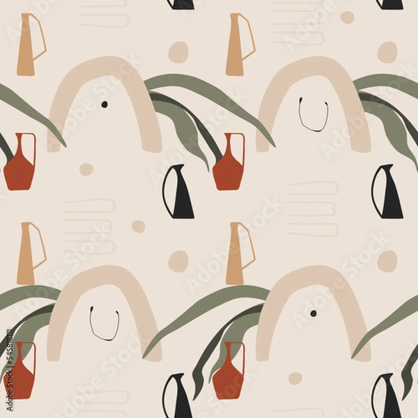 Fototapeta Seamless pattern. Colorful vases, plant and abstract elements. Boho style.