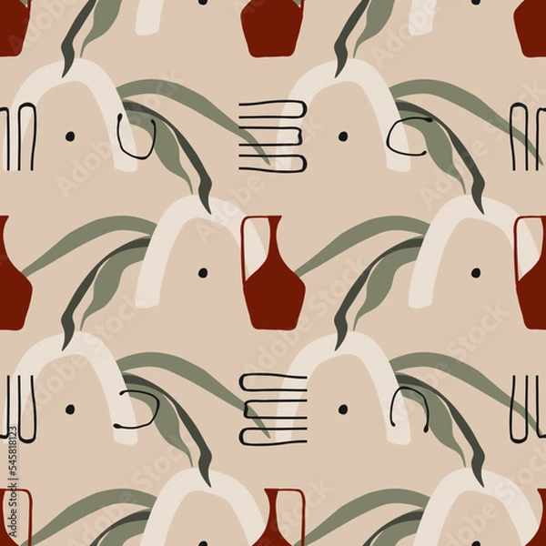 Fototapeta Seamless pattern. Vases, leafs and abstract elements. Boho style.