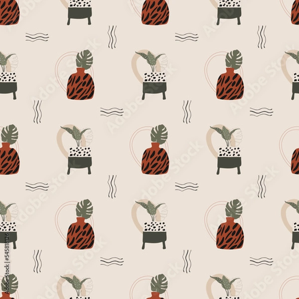 Fototapeta Seamless pattern. Pots and plants. Boho style.