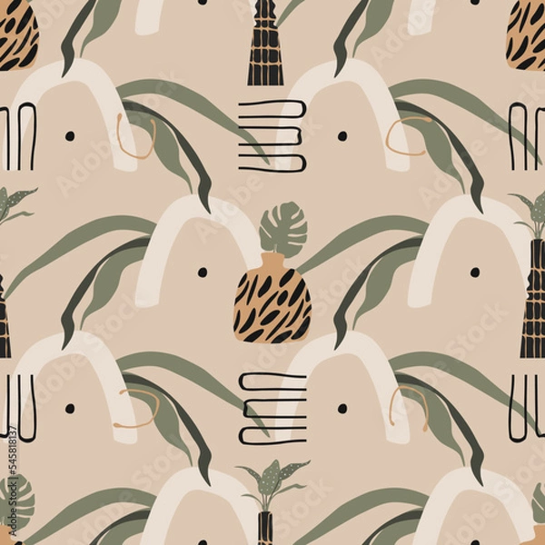 Fototapeta Seamless pattern. Vases and leafs. Boho style.