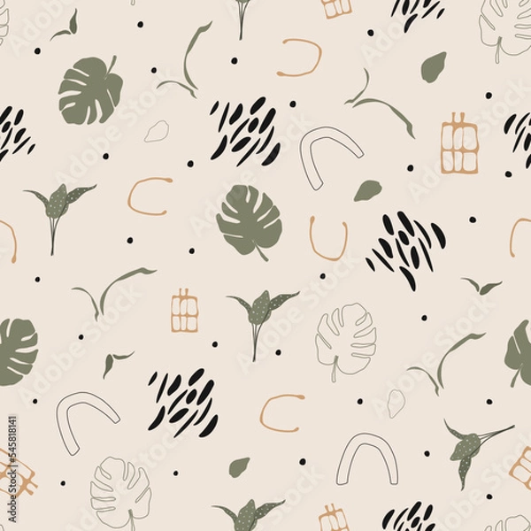 Fototapeta Seamless pattern with different elements. Monstera, leaf. Boho style. 