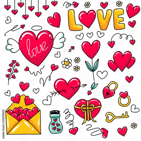 Obraz Cute set of romantic elements for valentine's day. Hearts and design elements for Valentine's Day and Mathers day. Vector illustration isolated on white background