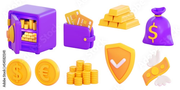 Fototapeta 3d finance and business icons set.  Money, stock exchange, business investment, trading and finance concept. Realistic 3d high quality render