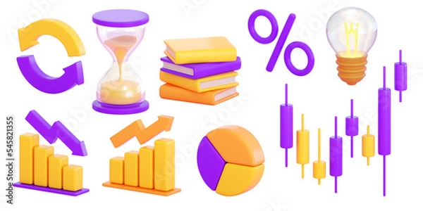Fototapeta 3d finance and business icons set.  Money, stock exchange, business investment, trading and finance concept. Realistic 3d high quality render