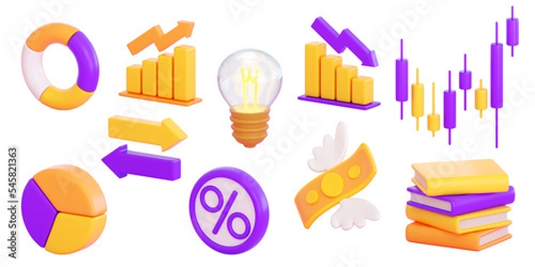 Fototapeta 3d finance and business icons set.  Money, stock exchange, business investment, trading and finance concept. Realistic 3d high quality render