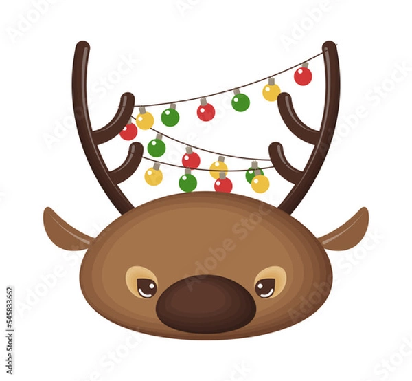 Fototapeta The muzzle of cute cartoon reindeer. The antlers are decorated with a garland. Isolated icon on a white background. Vector illustration.