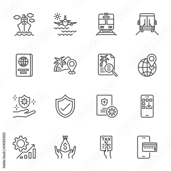 Obraz Travel Line Icons for Ease of Traveling concept. Simple thin line icons set, Vector icon design