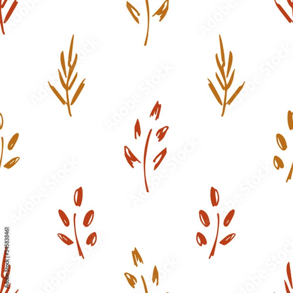 Fototapeta Simple vector geometric floral seamless pattern. Brown-orange dry autumn foliage on a white background. For fabric prints, textile products.