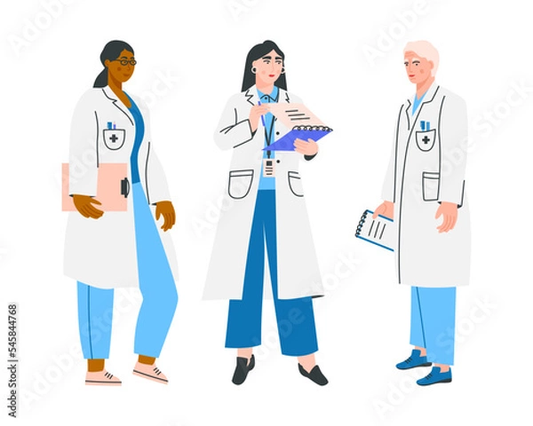 Obraz Group of clinic doctors isolated on a white background. Hospital worker. Medical staff in uniform. Vector flat illustration