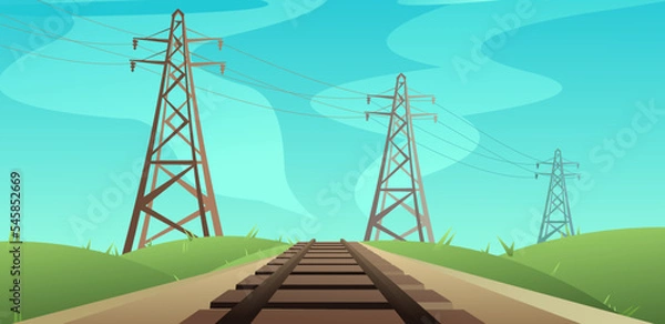 Fototapeta Railway track road past high voltage power lines. Path for train going into distance. Rails and sleepers. Cartoon fun style. Flat design. Vector.