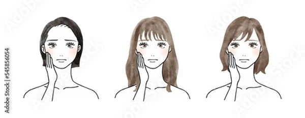 Obraz ほうれい線に困った顔をしている女性の水彩ベクターイラストセット