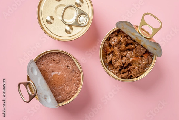 Obraz Wet cat food in open jars over pastel pink background. Wet pet feed in metal cans closeup. Canned meat pieces and soft pate for carnivore domestic animals. Сat food concept.