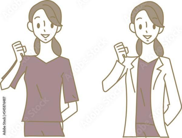 Fototapeta 笑顔でガッツポーズをする若い女性医師のイラストセット