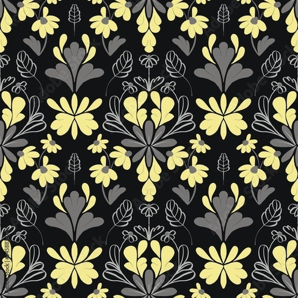Fototapeta a noiseless pattern with plant patterns in a gray yellow black color scheme