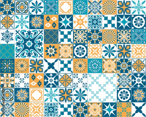 Obraz Spanish Azulejo style decorative pattern, blue orange white square ceramic tiles for design