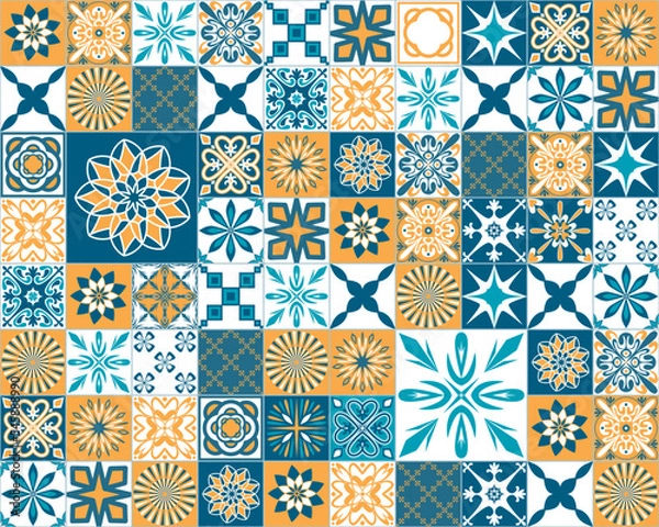 Obraz Spanish Azulejo style blue orange white square ceramic tiles for design, vintage vector illustration