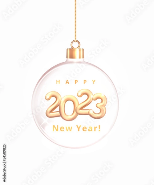 Fototapeta Happy Golden 2023 New Year. Realistic Gold Number 2023 in glass bauble. Christmas and New Year decoration, poster, banner, greeting card. Realistic 3d render vector illustration