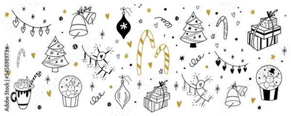 Fototapeta Set of Christmas doodles. New Year vector illustrations in line style. Naive and simple. Christmas garlands, snow globe, Christmas tree, gifts, candies, bells and balls.