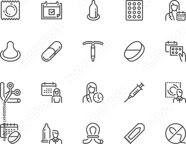 Fototapeta Contraceptive Methods. Protection Against Venereal Diseases. Contraception, Hormonal Pills, Condom, Sterilization. Vector Line Icons Set. Editable Stroke. Pixel Perfect.