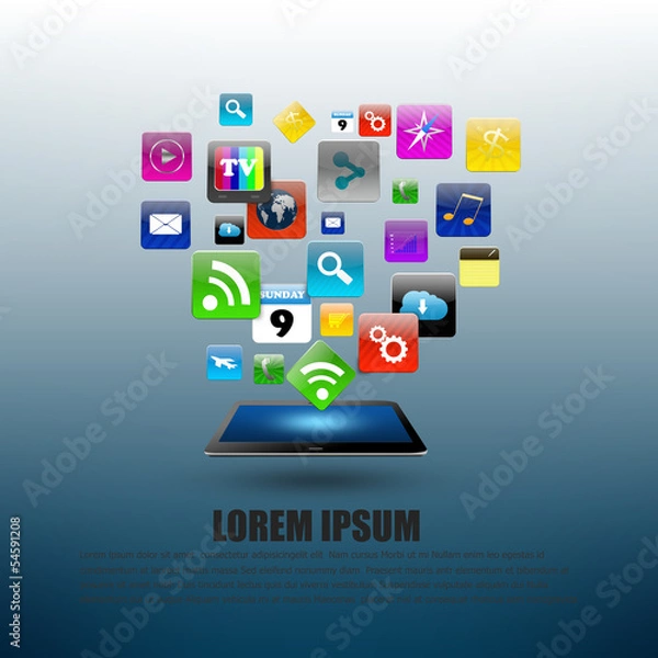 Fototapeta Tablet computer With Colorful application icon concept