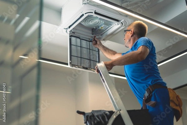Obraz Technical maintenance worker repairs the air conditioning system
