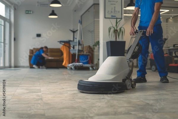 Fototapeta Worker polishing hard floor with high speed polishing machine while other cleaner cleans rhe table in the background