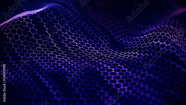Fototapeta Abstract wave of connected hexagons. Futuristic polygonal background. Artificial intelligence. Big data technology. 3d rendering