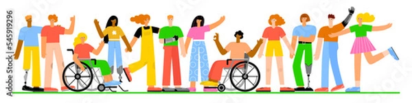 Fototapeta Multiracial group of happy people with disabilities. A set of different people with prosthetic arms, legs, in a wheelchair. Flat vector illustration