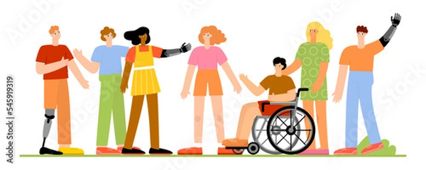 Fototapeta A community of happy people with disabilities. People in a wheelchair, with a prosthesis. Social diversity, multiracial group of people. Flat vector illustration